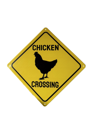 Metalen bord - Chicken crossing vierkant